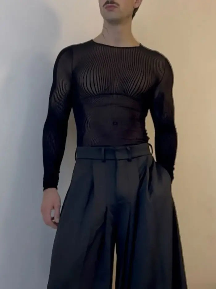 Men’s Black Sheer Mesh Long Sleeve Top