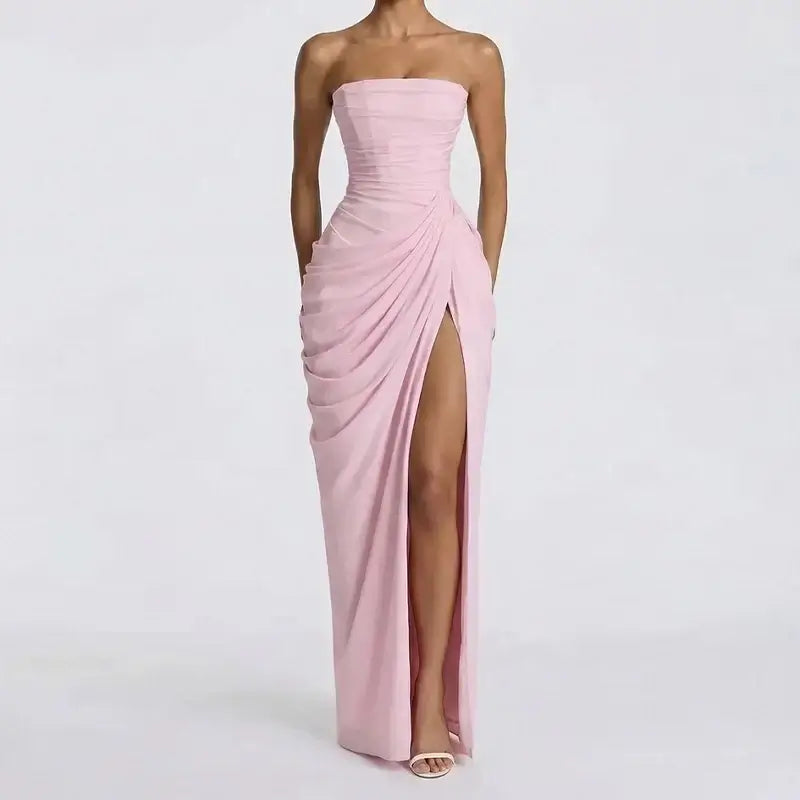 Women’s Strapless Ruched Slit Evening Gown