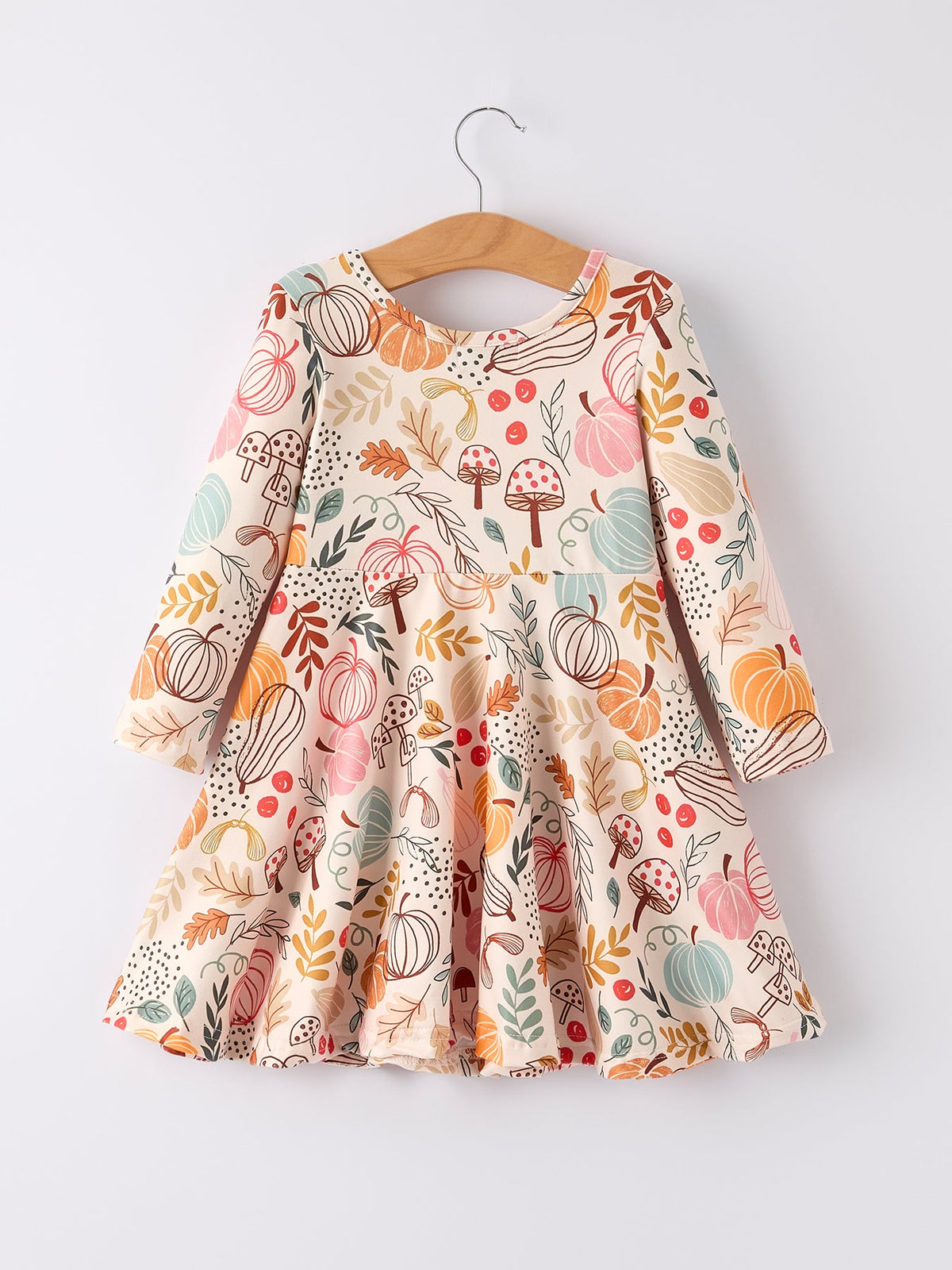 Girls Fall Pumpkin & Leaf Print Twirl Dress