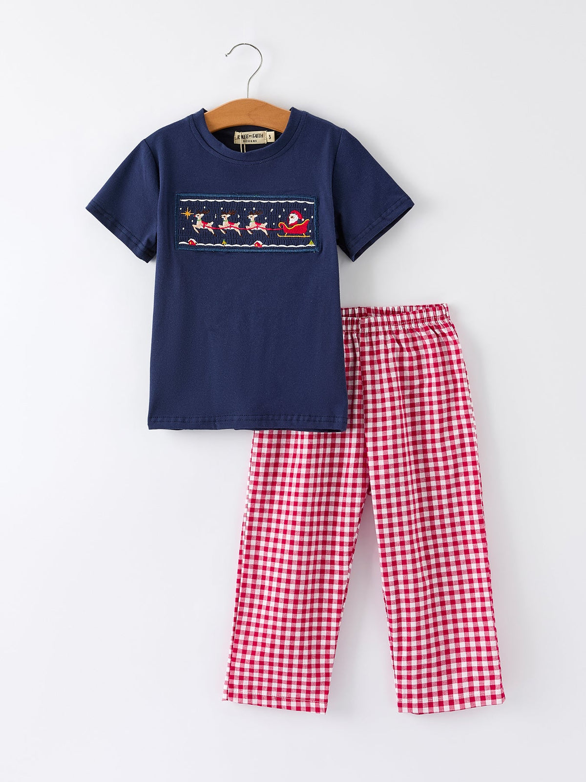 Boys Christmas Santa Sleigh Top & Plaid Pants Set