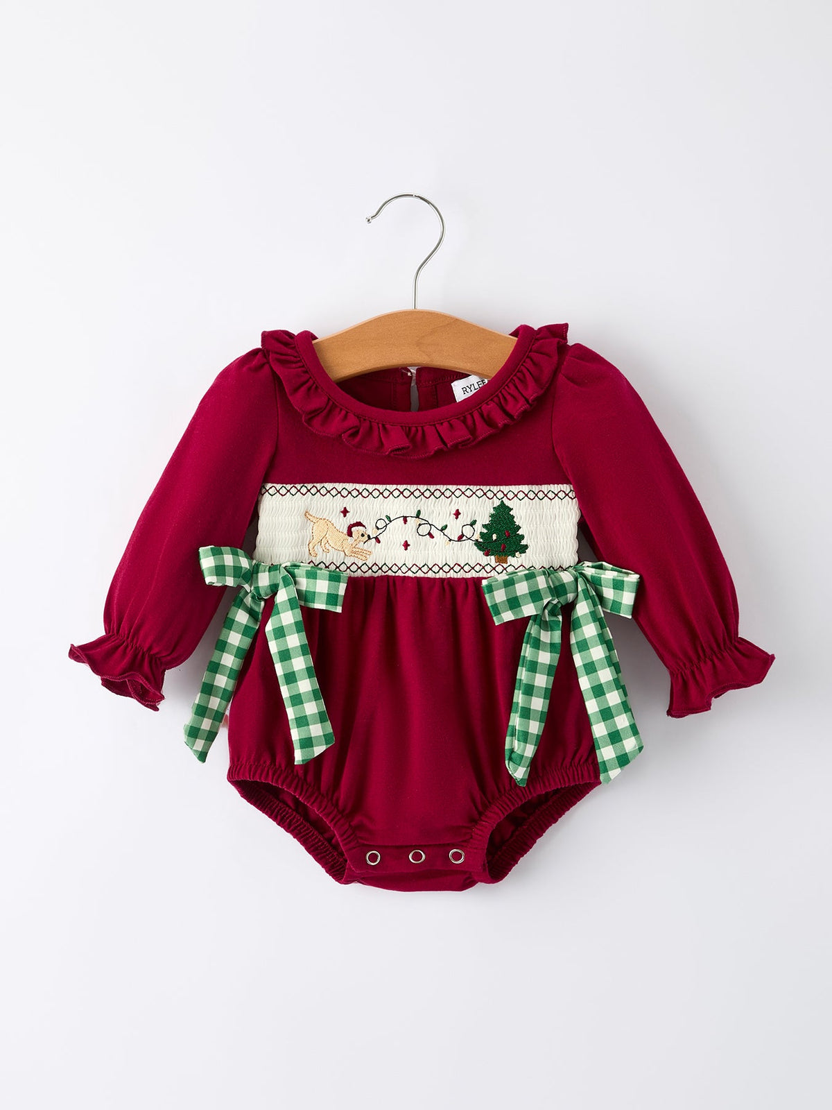Baby Girls Christmas Embroidered Romper with Plaid Bow