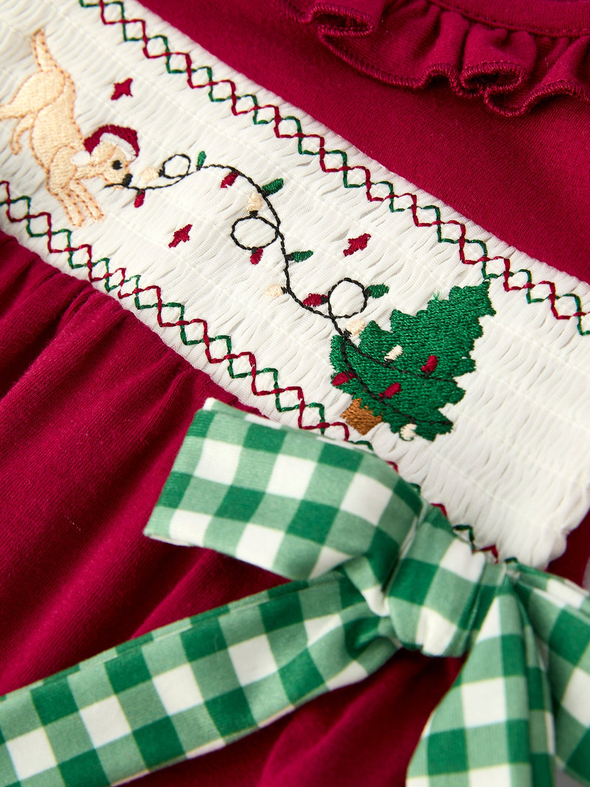 Baby Girls Christmas Embroidered Romper with Plaid Bow