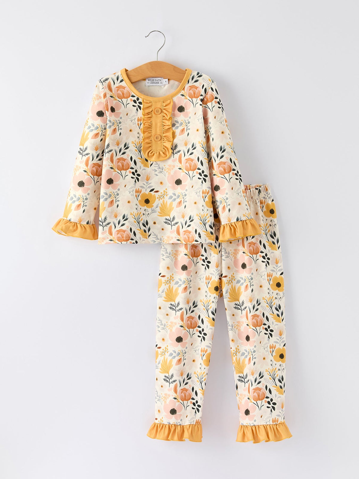 Girls Fall Floral Ruffle Pajama Set