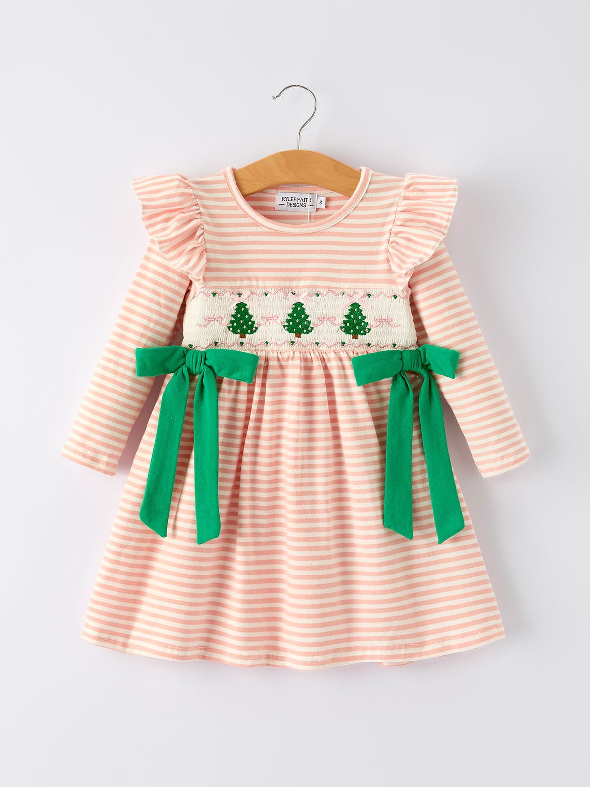 Girls Christmas Tree Smocked Stripe Dress