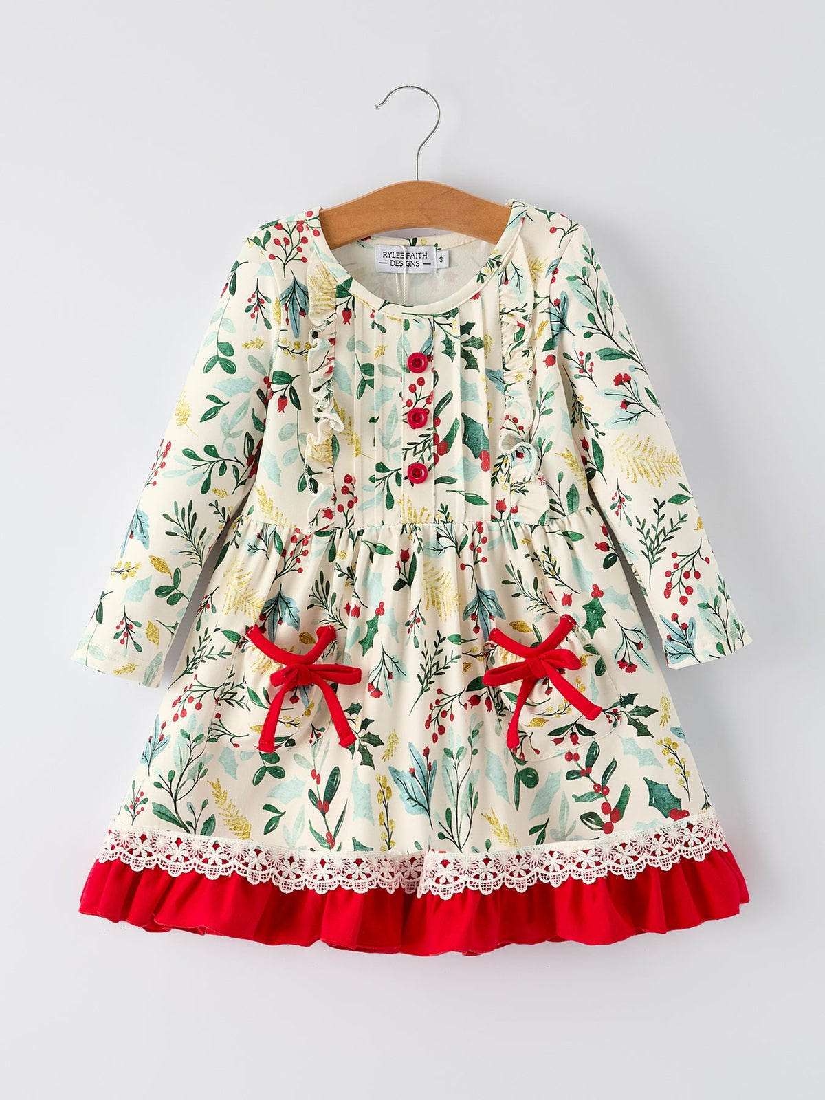 Girls Christmas Floral Bow Dress with Pockets