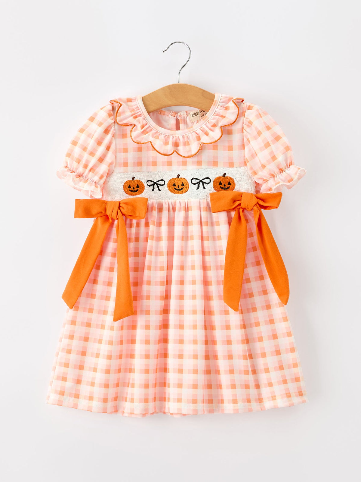 Girls Halloween Pumpkin Plaid Bow Dress