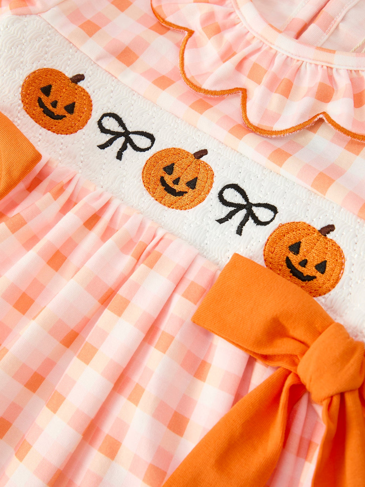 Girls Halloween Pumpkin Plaid Bow Dress