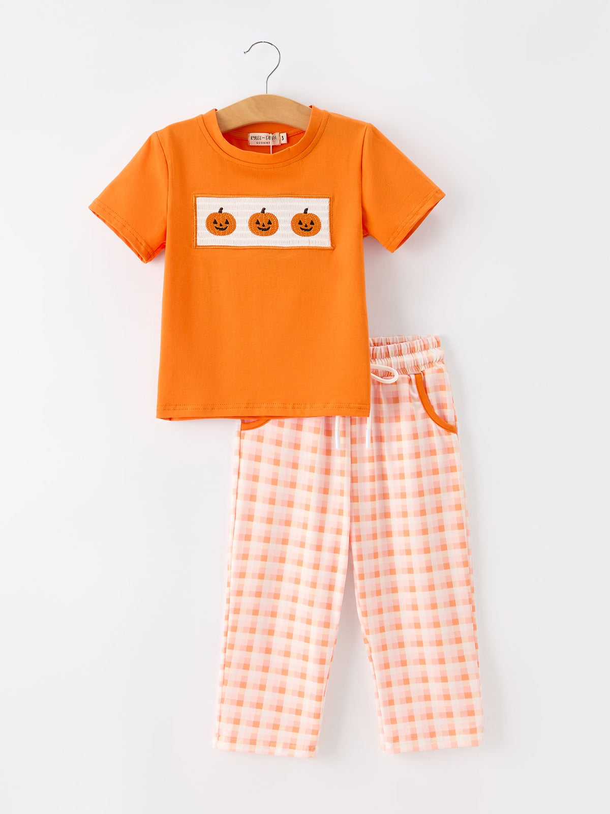 Boys Halloween Pumpkin Plaid Outfit Set