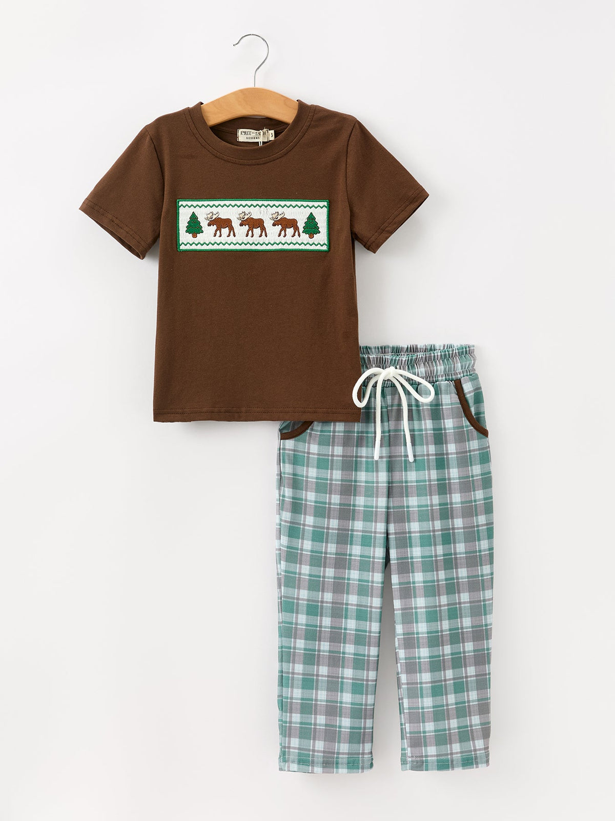 Boys Plaid Moose Smocked Top & Pants Set