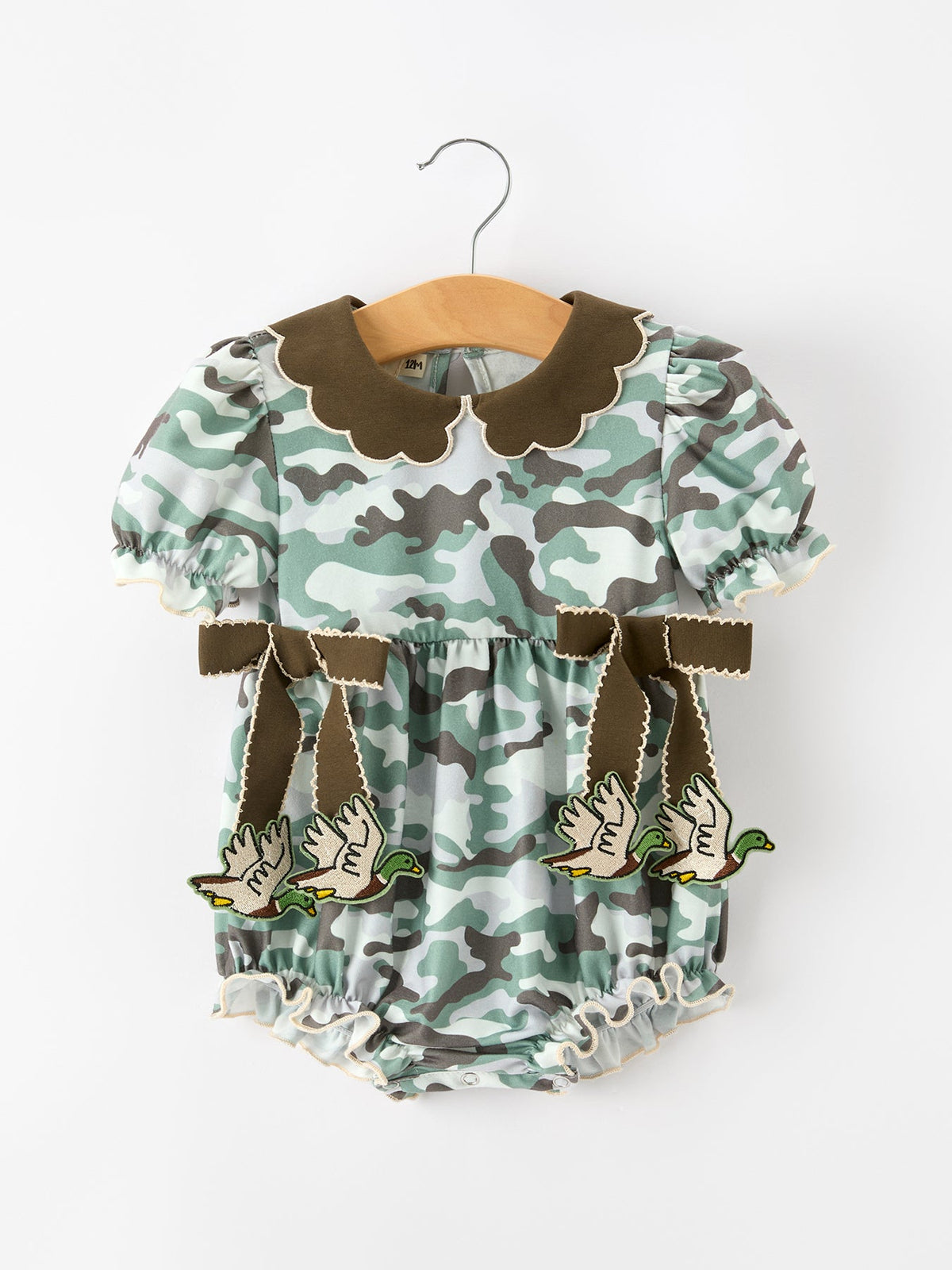 Girls Fall Camo Bow Ruffle Bubble Romper