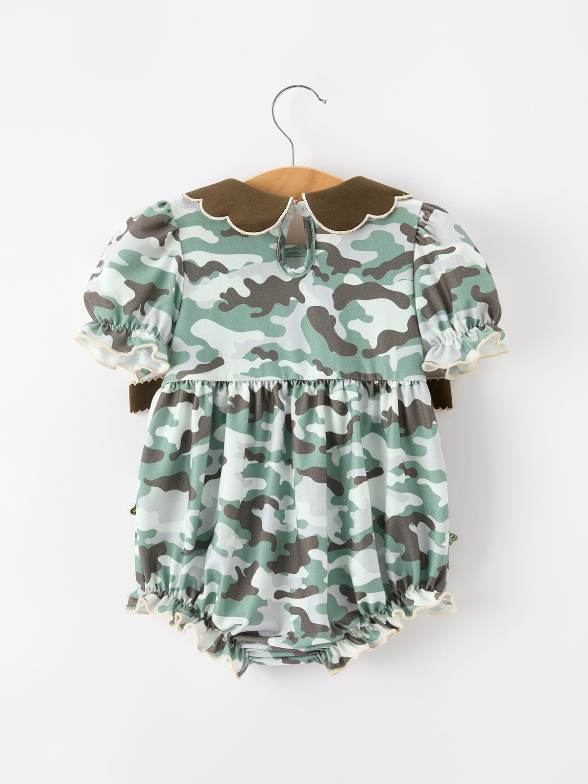 Girls Fall Camo Bow Ruffle Bubble Romper
