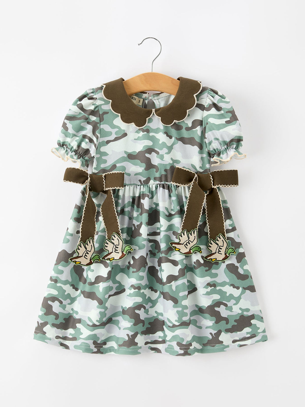 Girls Fall Camo Bow Puff Sleeve Twirl Dress
