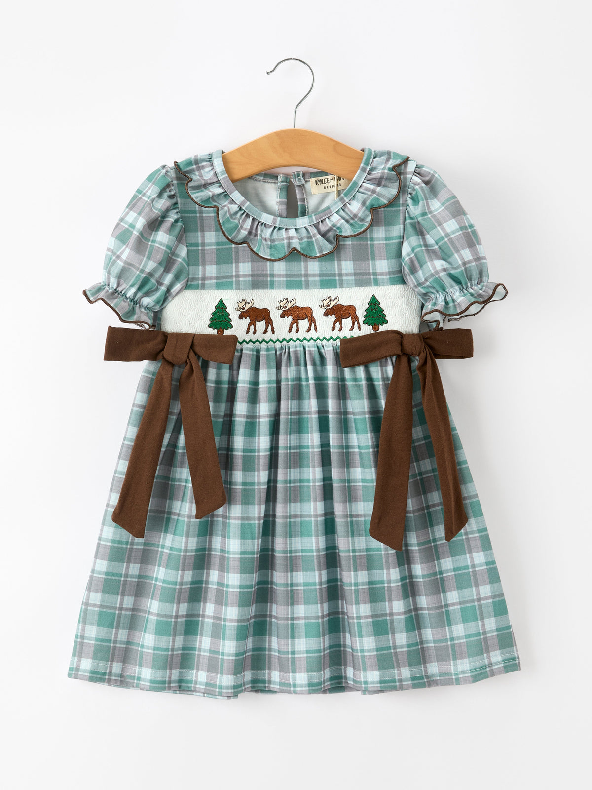 Girls Plaid Moose Smocked Puff Sleeve Dress