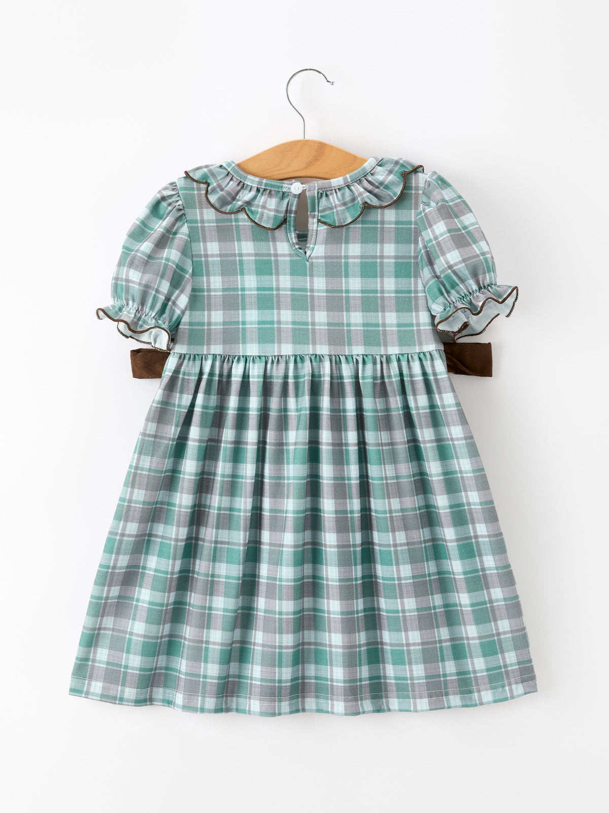 Girls Plaid Moose Smocked Puff Sleeve Dress