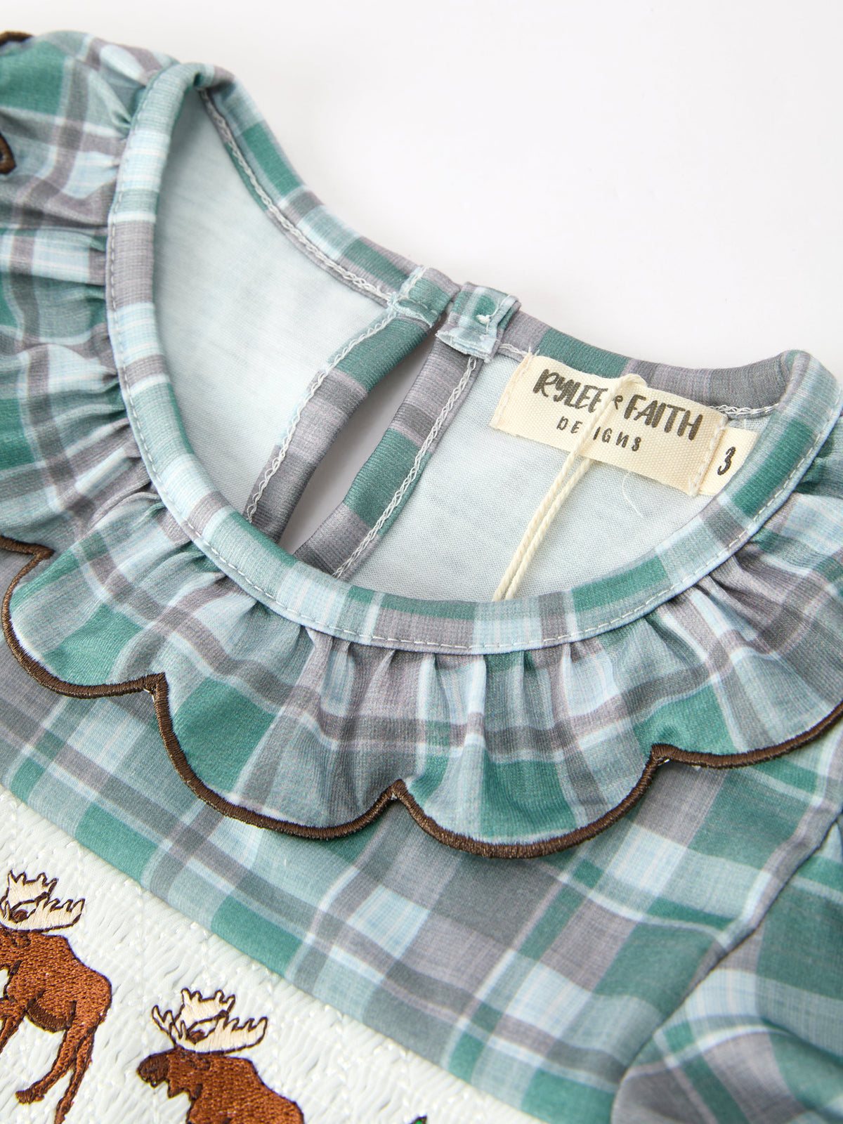 Girls Plaid Moose Smocked Puff Sleeve Dress