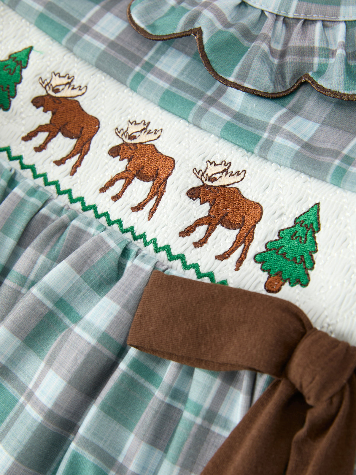 Girls Plaid Moose Smocked Puff Sleeve Dress