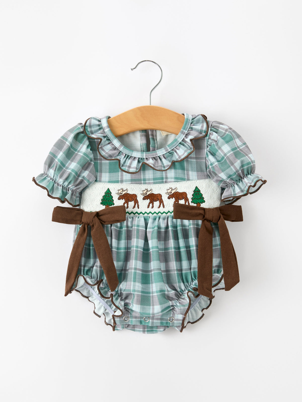 Baby Girls Plaid Moose Smocked Bubble Romper