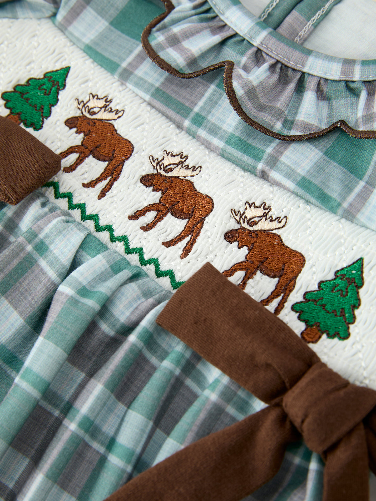 Baby Girls Plaid Moose Smocked Bubble Romper