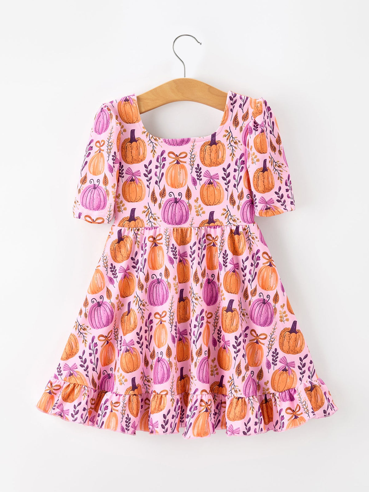 Girls Pumpkin Bow Ruffle Fall Dress