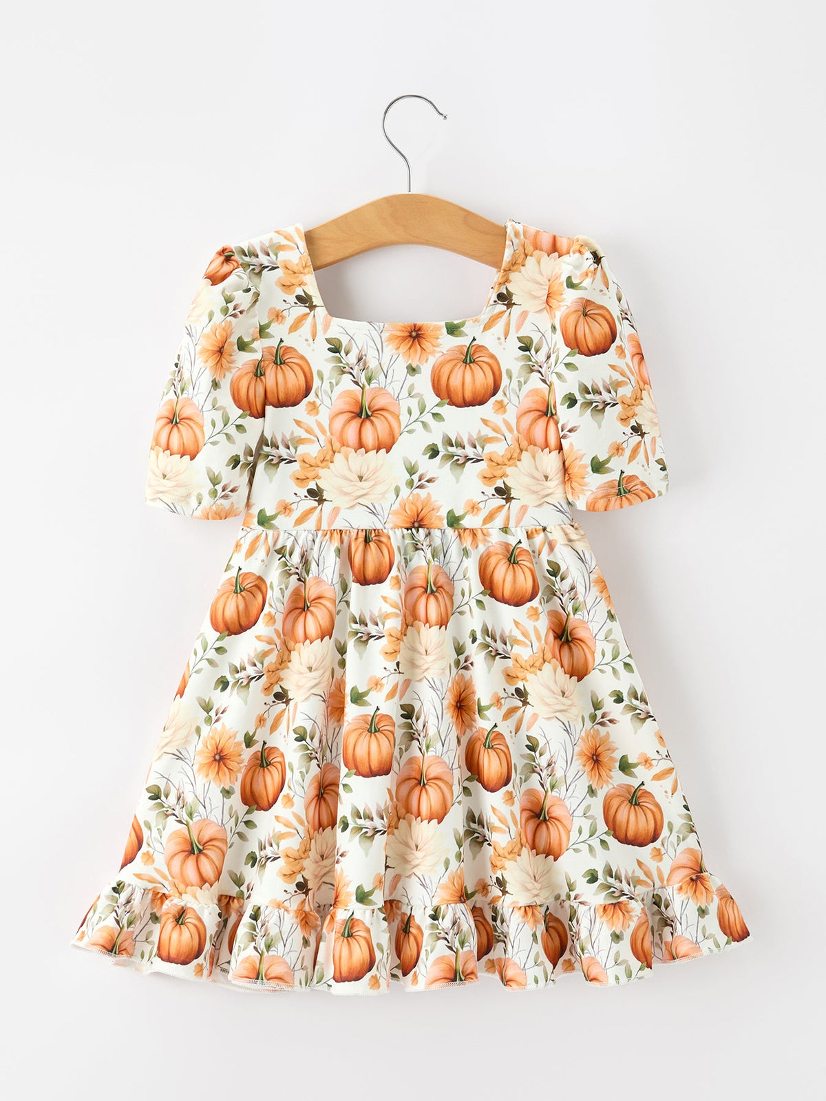 Pumpkin Floral Girls Ruffle Dress