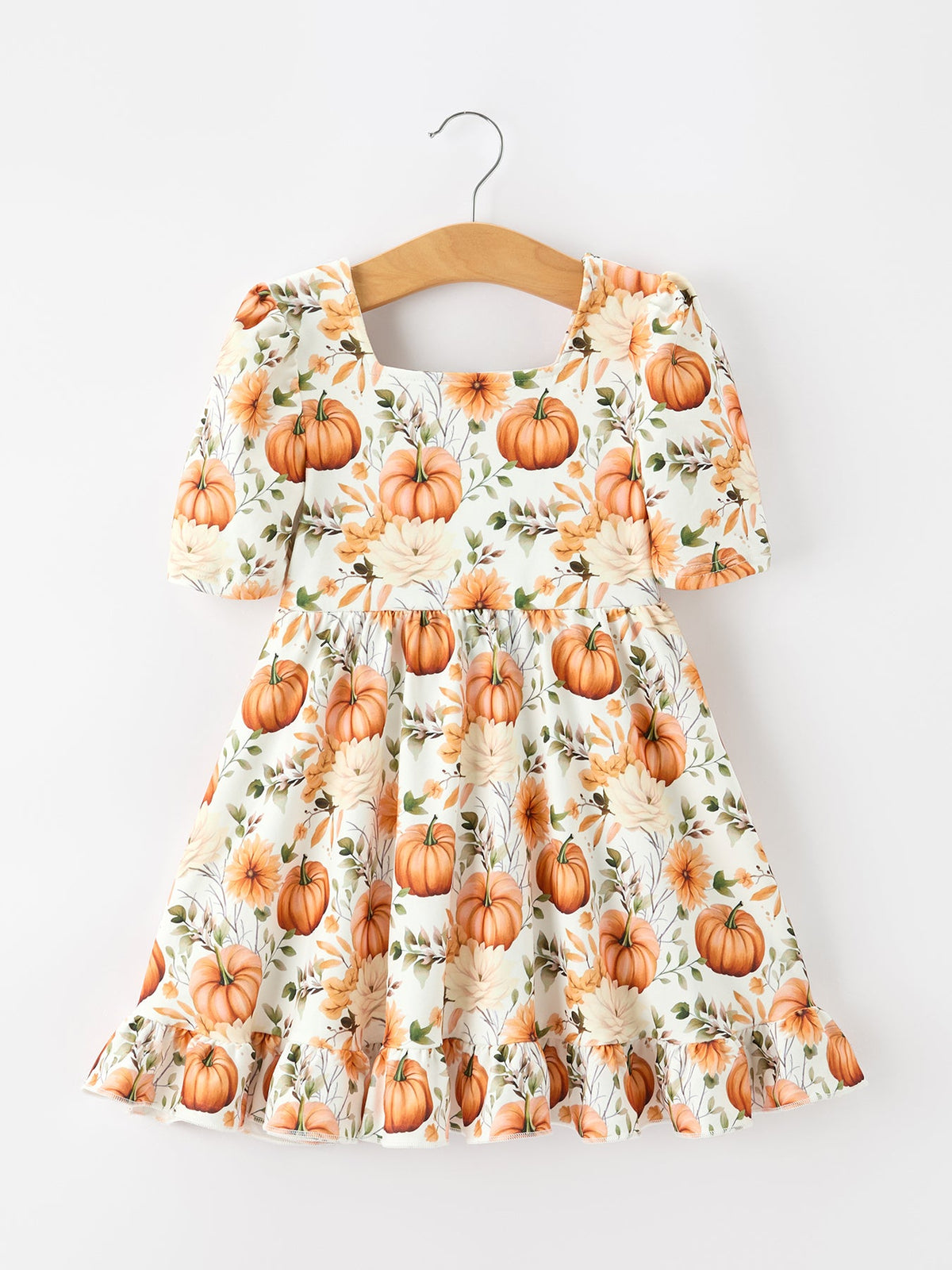 Pumpkin Floral Girls Ruffle Dress