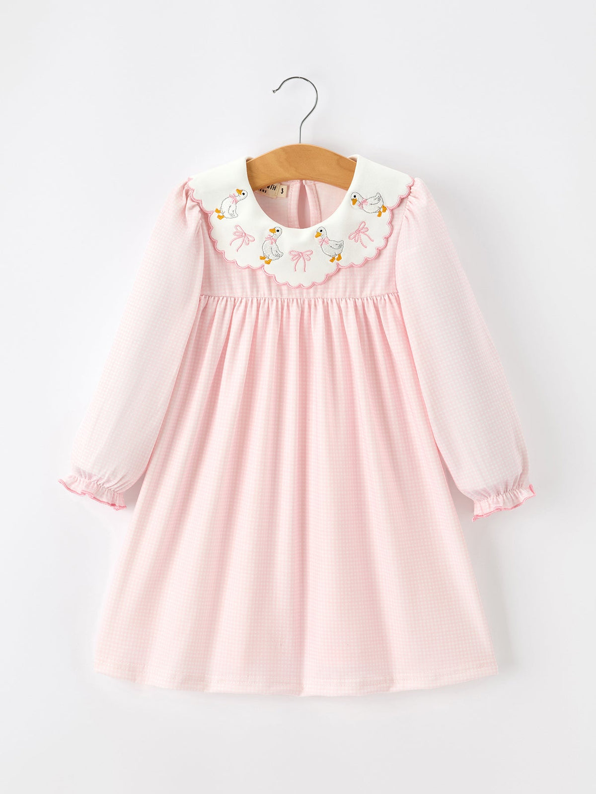 Girls Pink Goose Embroidered Peter Pan Collar Dress