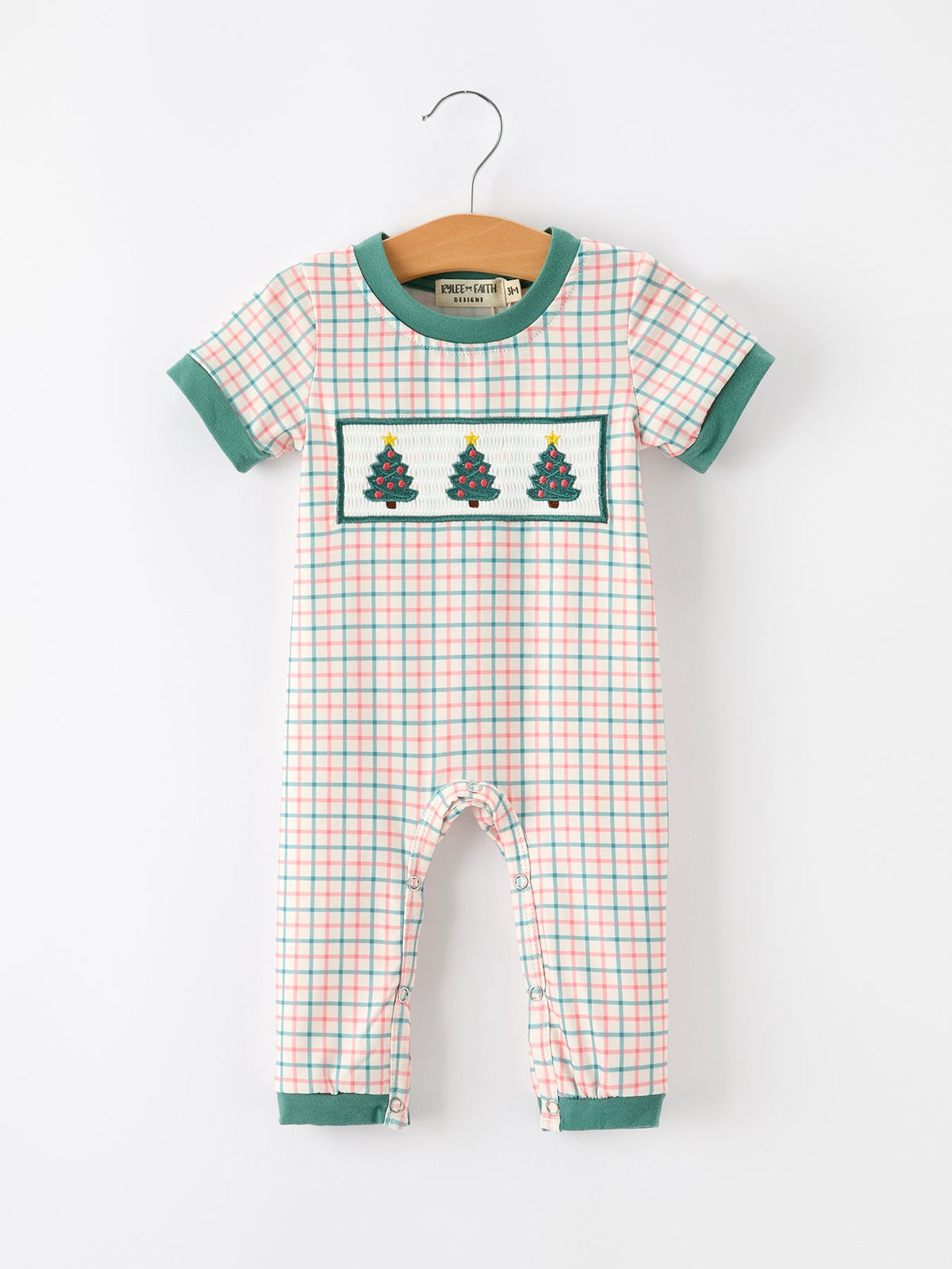 Baby Boys Christmas Plaid Tree Embroidered JonJon Romper