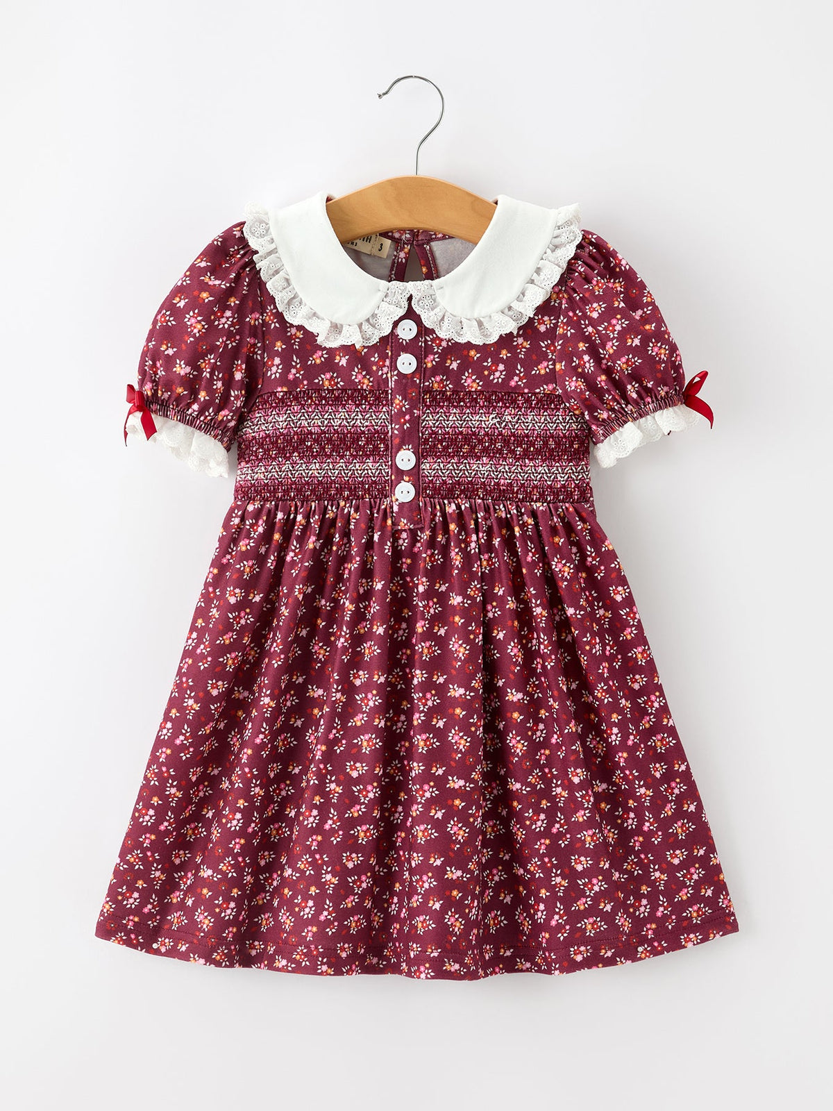 Girls Burgundy Floral Smocked Peter Pan Collar Dress