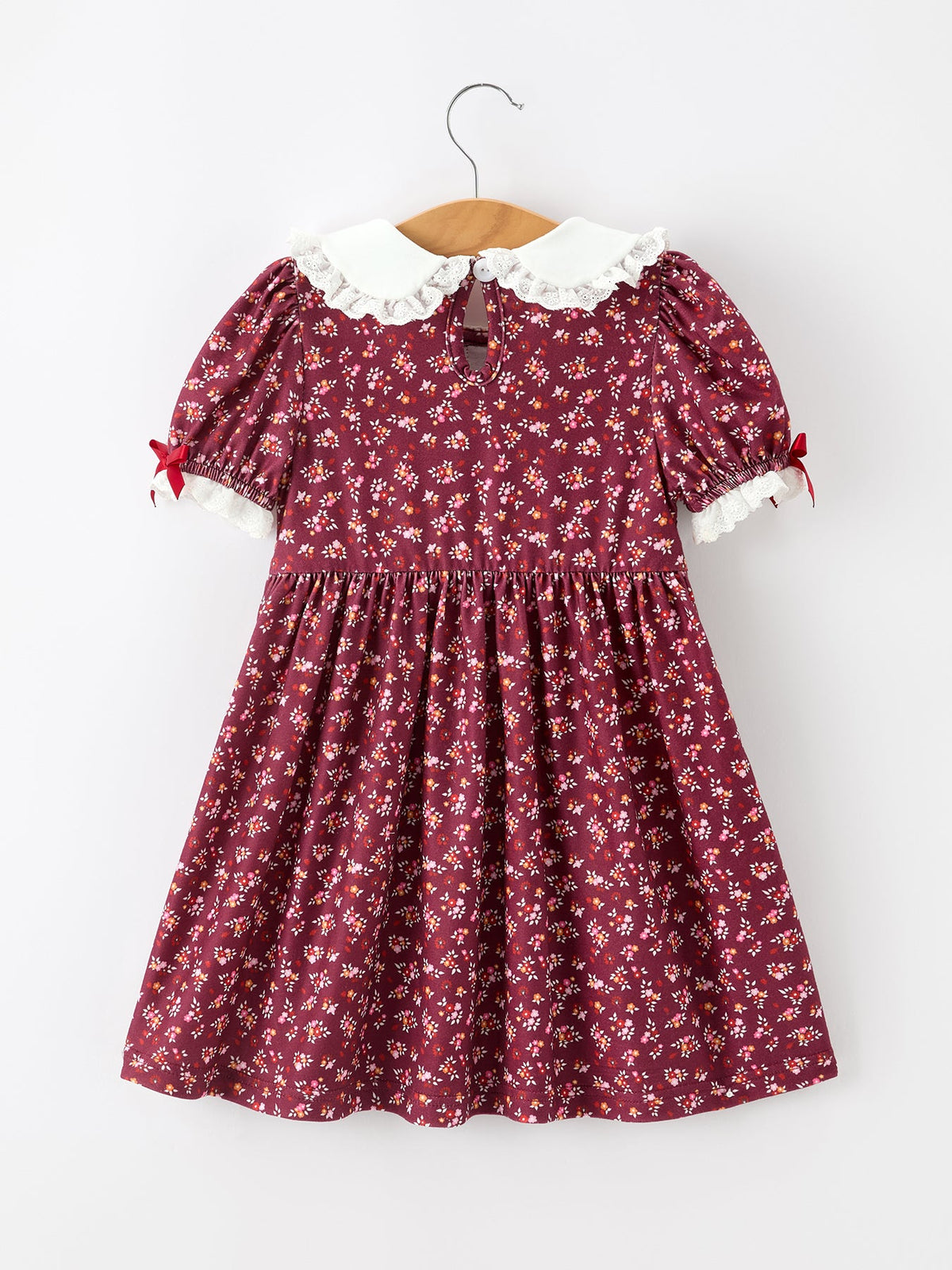 Girls Burgundy Floral Smocked Peter Pan Collar Dress