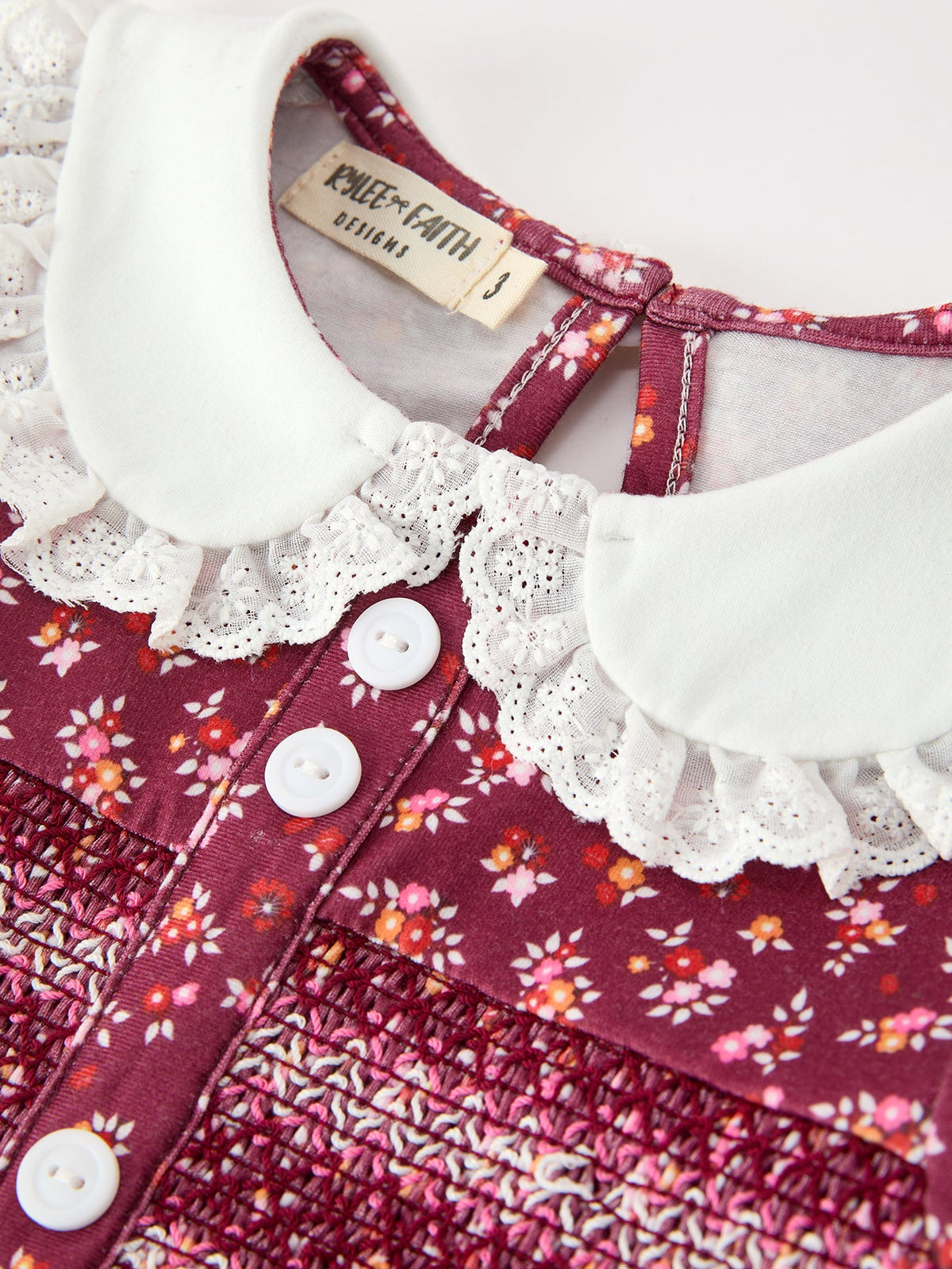 Girls Burgundy Floral Smocked Peter Pan Collar Dress