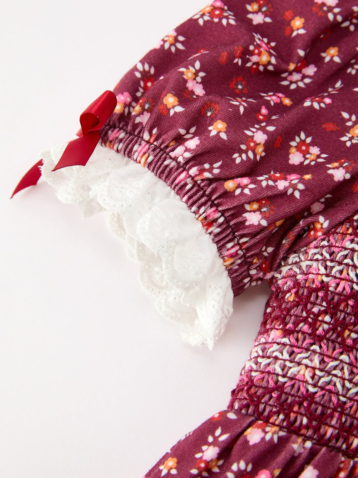 Girls Burgundy Floral Smocked Peter Pan Collar Dress