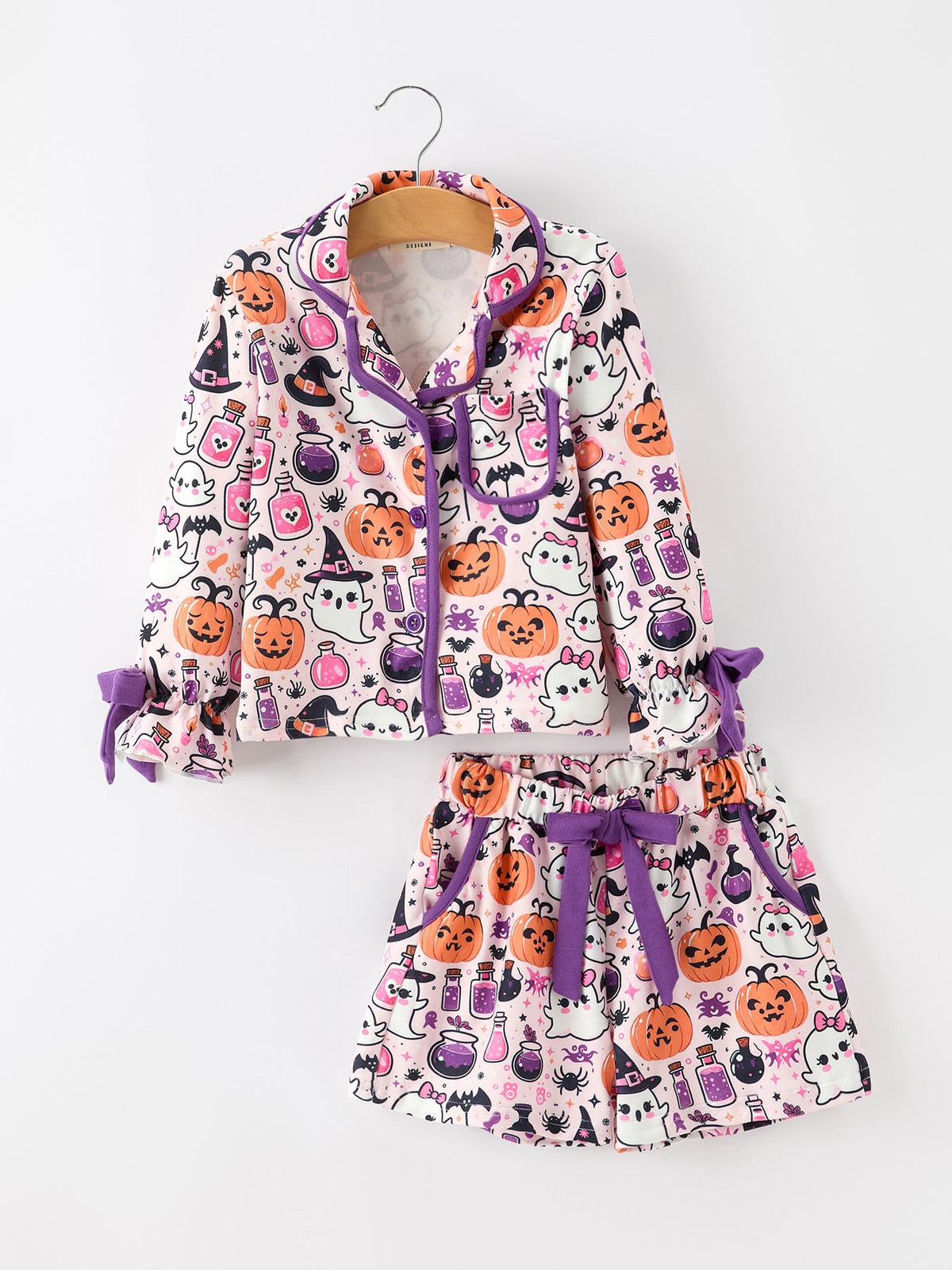 Girls Halloween Pumpkin & Ghost Print Pajama Set