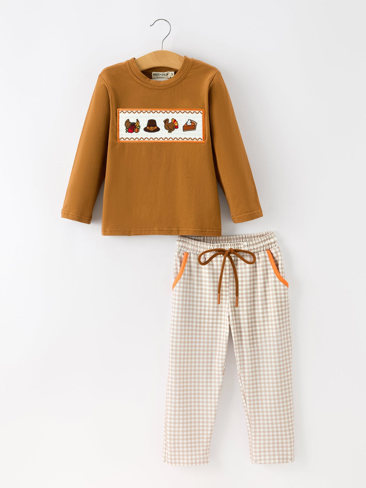 Thanksgiving Boys Embroidered Shirt & Gingham Pants Set