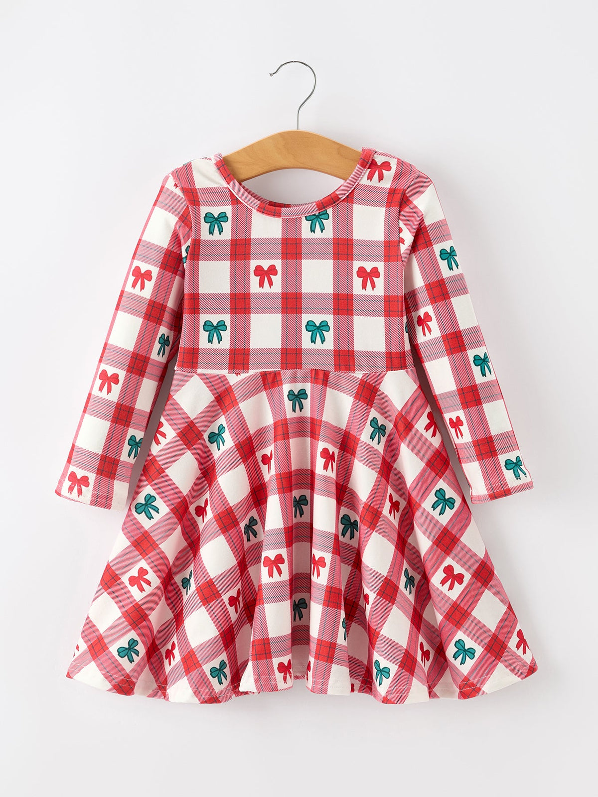 Girls Christmas Candy Cane & Bow Plaid Twirl Dress