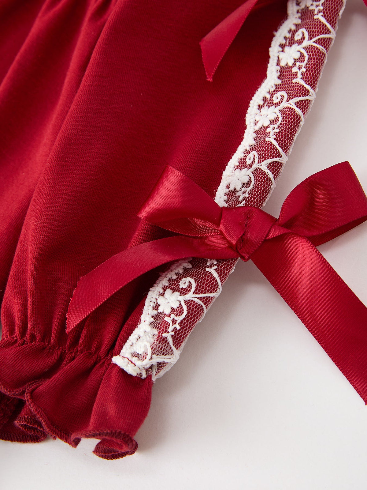 Baby Girls Christmas Red Lace Bow Bloomer Set