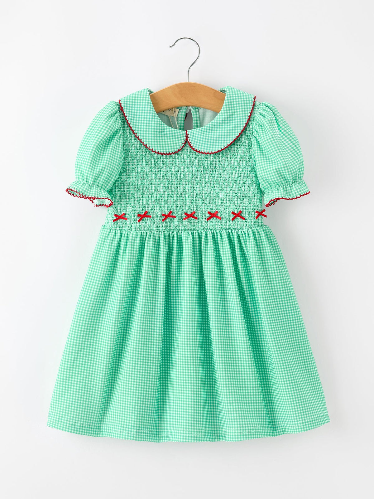 Girls Green Plaid Christmas Smocked Dress