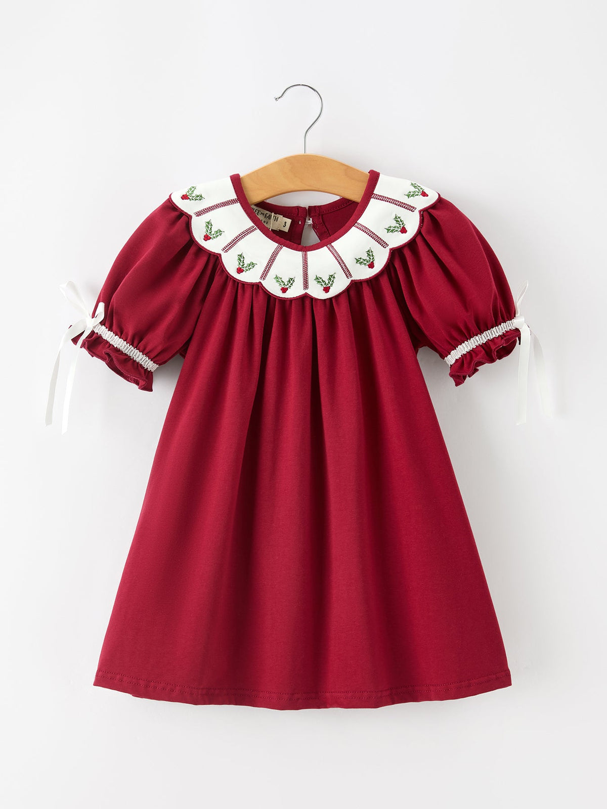 Girls Christmas Holly Embroidered Dress
