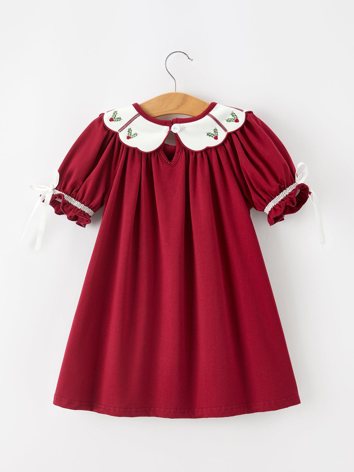 Girls Christmas Holly Embroidered Dress