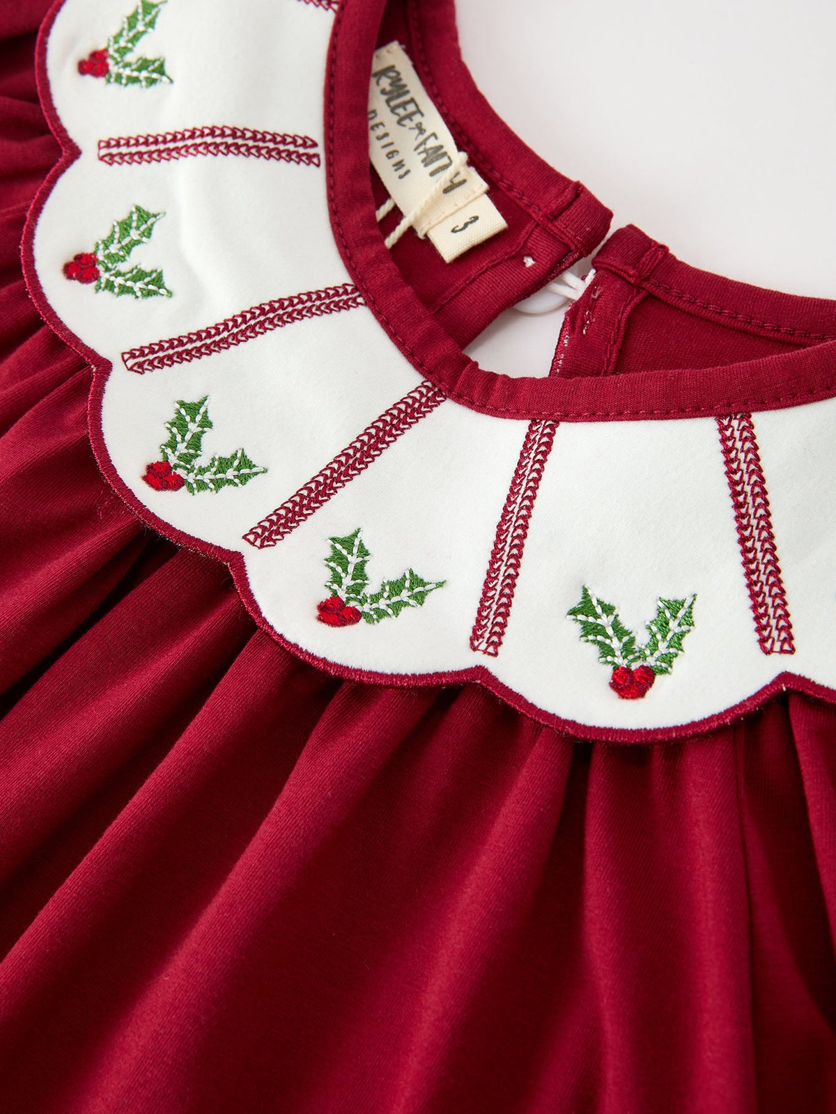 Girls Christmas Holly Embroidered Dress