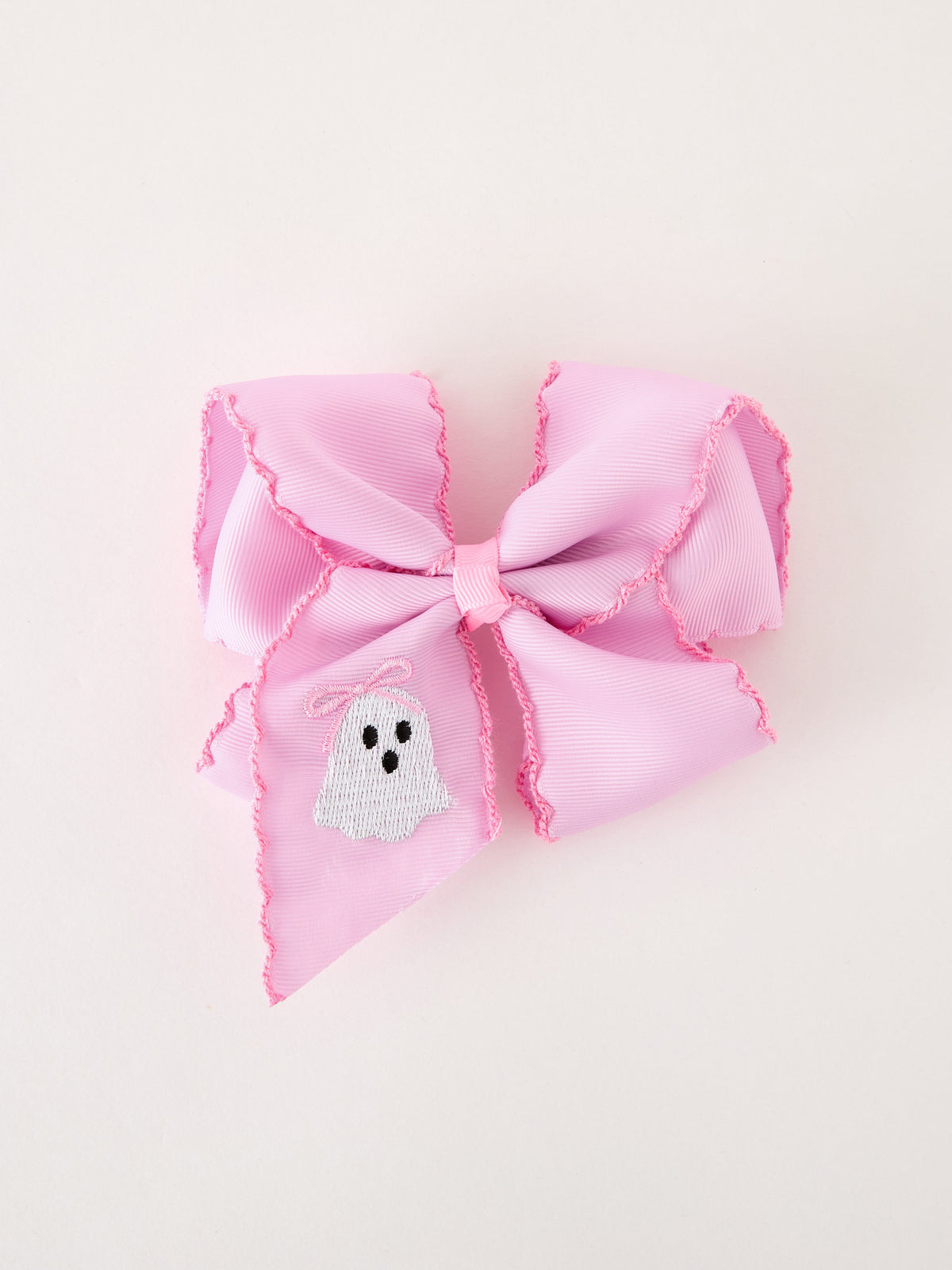 Girls Halloween Pink Ghost Embroidered Hair Bow