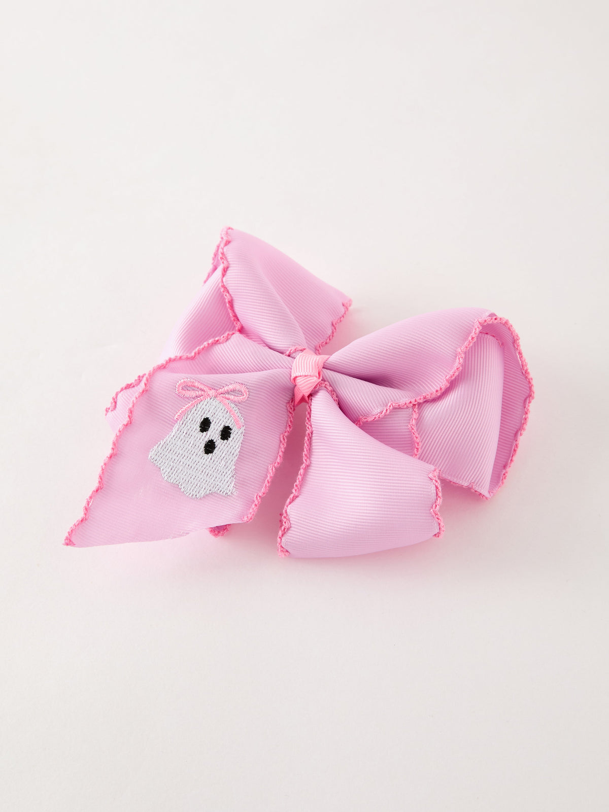 Girls Halloween Pink Ghost Embroidered Hair Bow