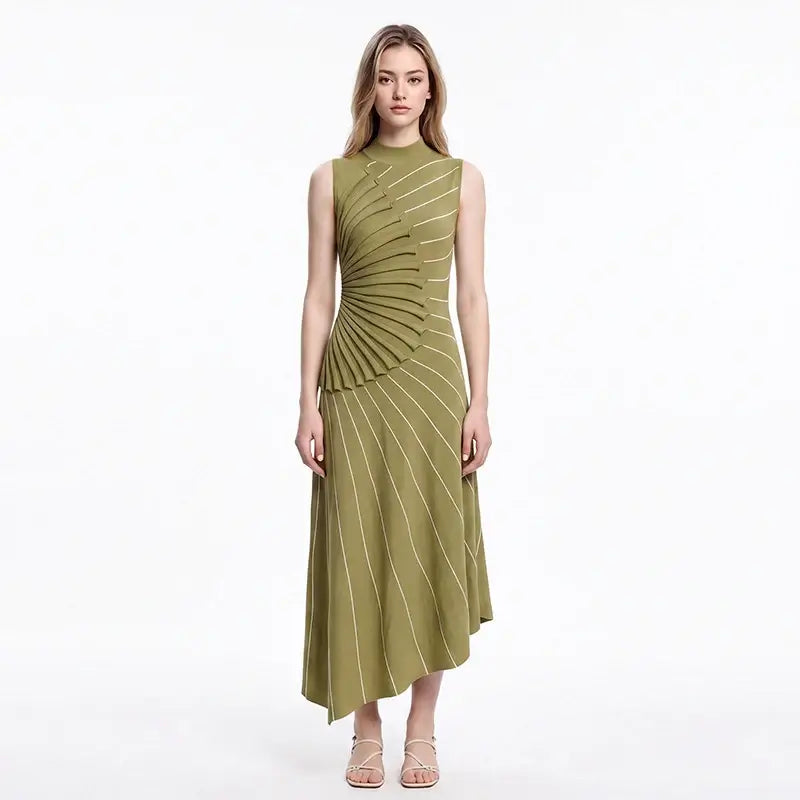 Women’s Olive Pleated Mock Neck Midi Dress