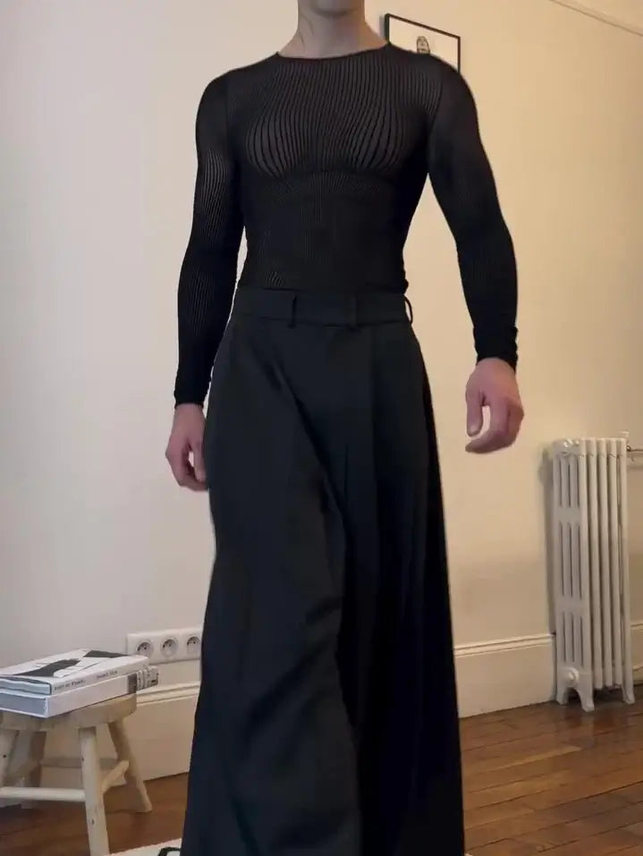 Men’s Black Sheer Mesh Long Sleeve Top
