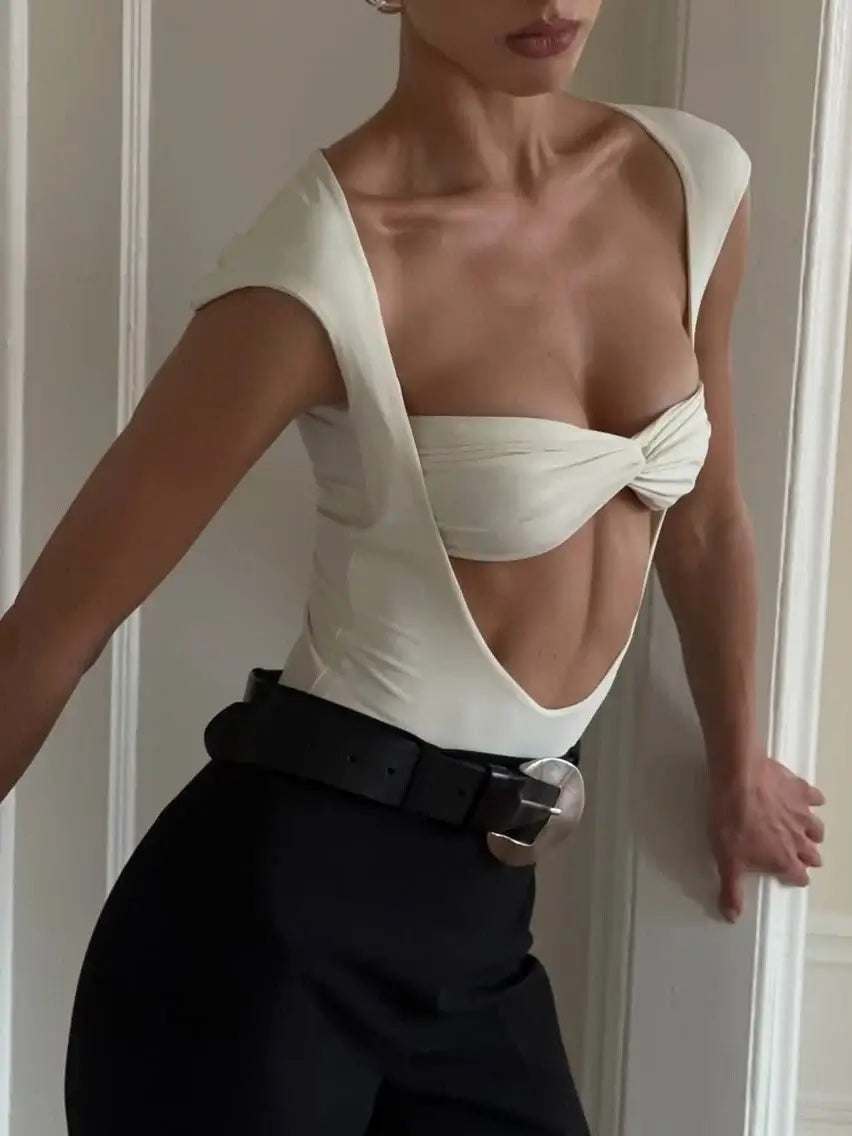 Women’s White Cutout Twist Front Bodysuit