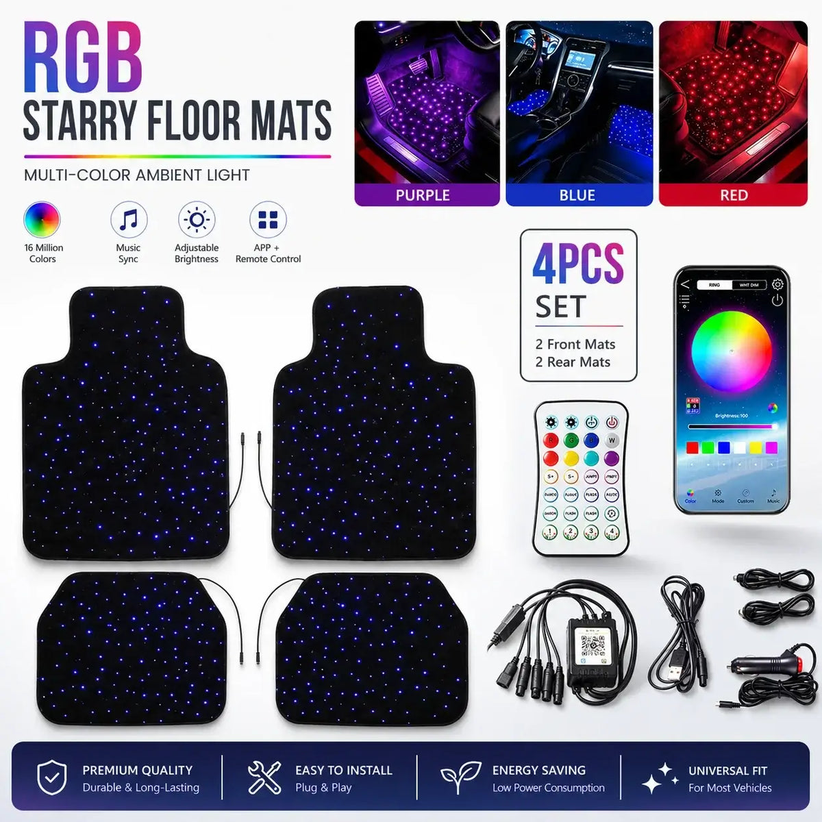 RGB Fiber Optic LED Car Floor Mats