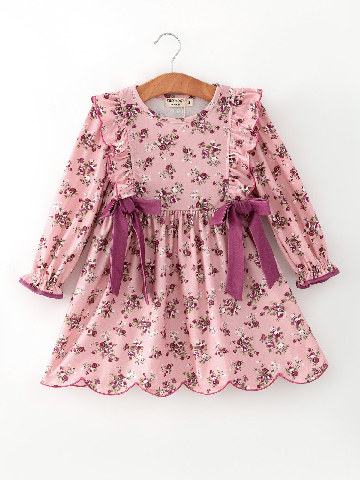 Fall Purple Rose Floral Girl Dress with Bow & Ruffle Details