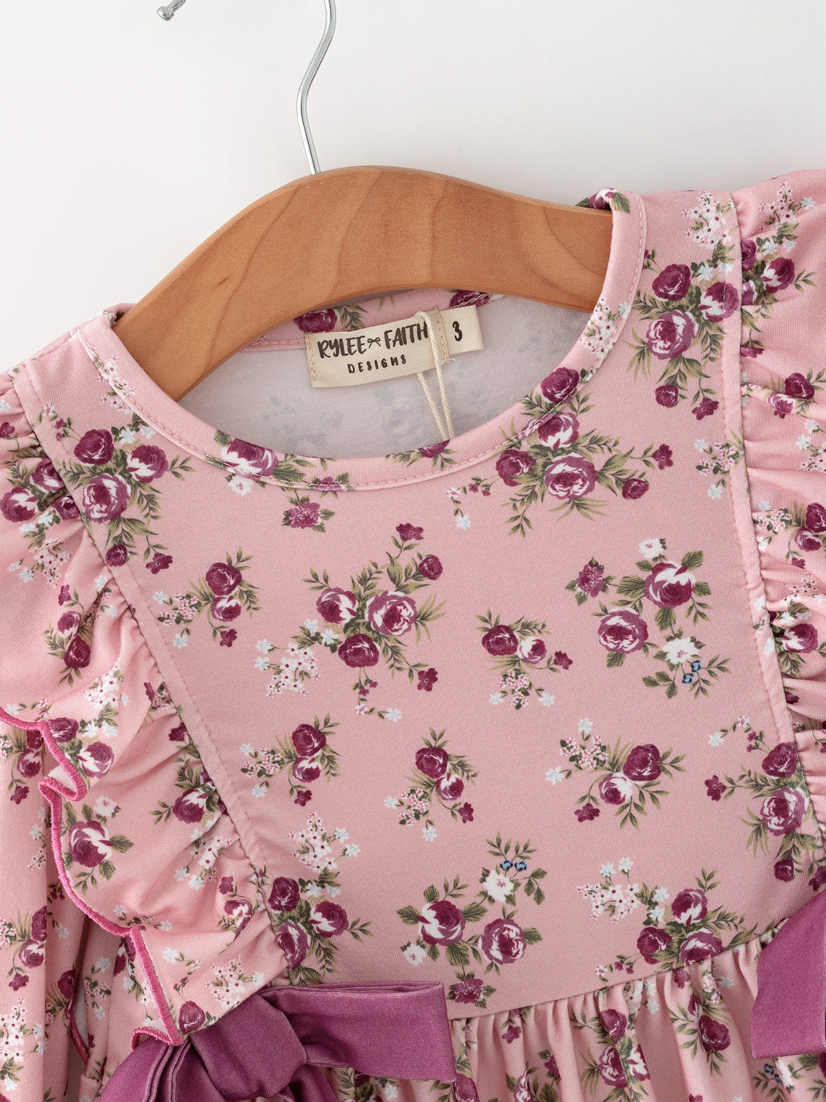 Fall Purple Rose Floral Girl Dress with Bow & Ruffle Details