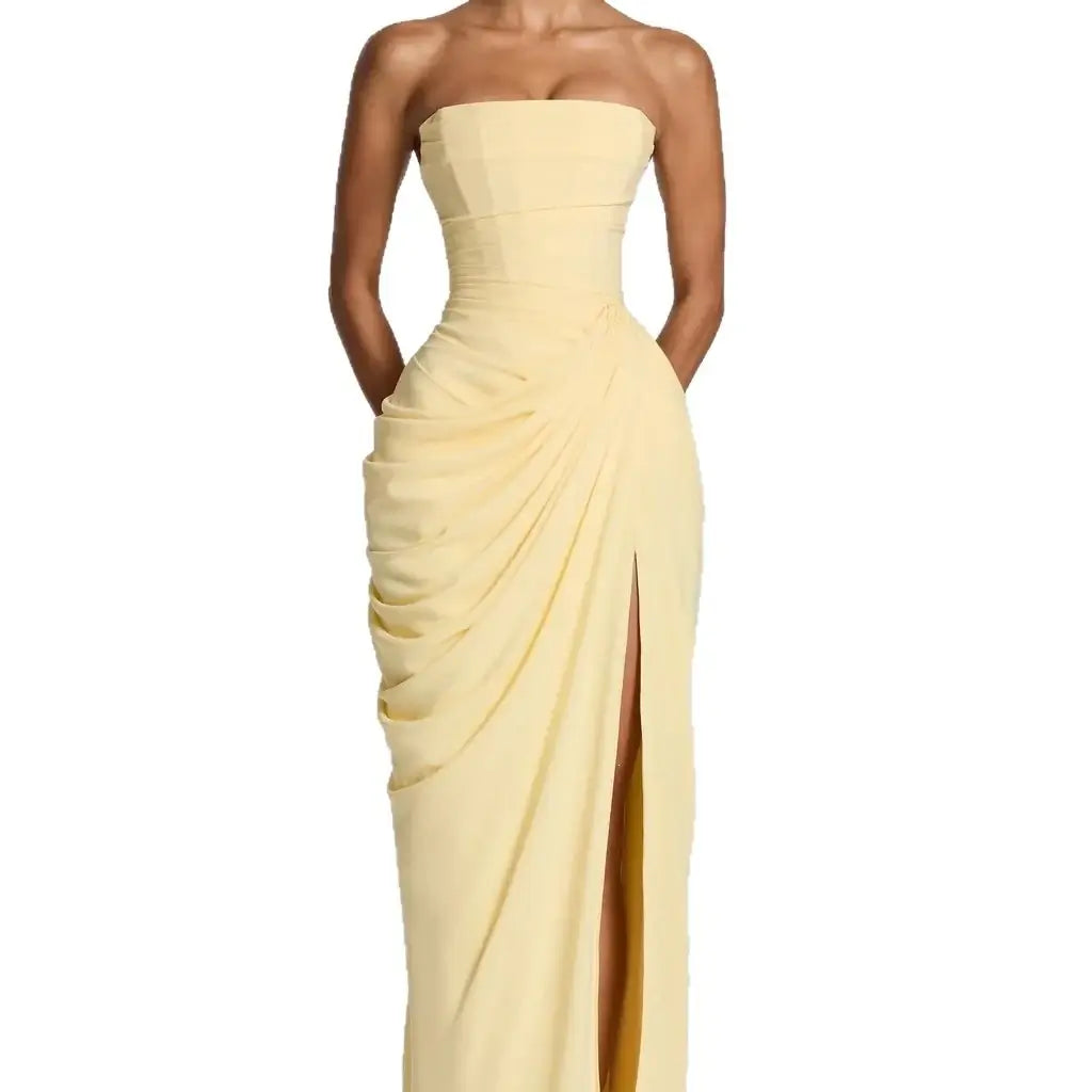 Women’s Strapless Ruched Slit Evening Gown