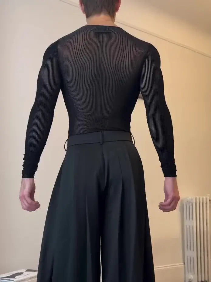 Men’s Black Sheer Mesh Long Sleeve Top