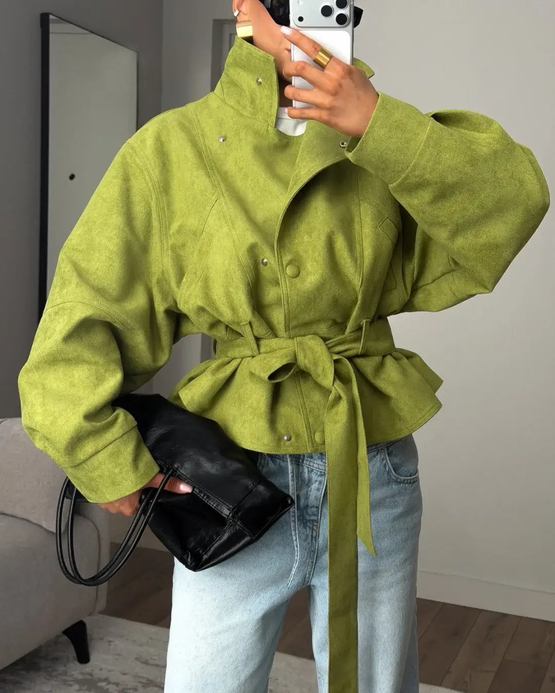 Women’s Faux Suede Belted Stand Collar Jacket
